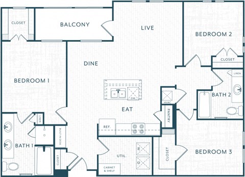 Floor plan for 3 beds, 2 baths, 1403 sqft